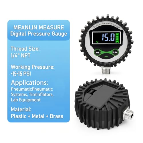 MEANLIN MEASURE Digital Vacuum Pressure Gauge -15-15 PSI, 1/4" NPT Lower Mount Pressure Gauge with Rubber Protective Cover, Suitable for Pneumatic System - size: -15-15 PSI
