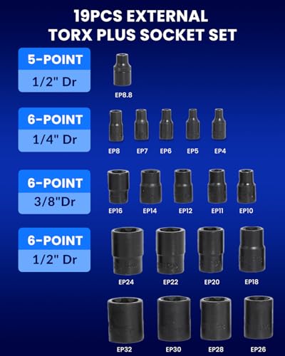 External Torx Plus Socket Set 6 Point EP Socket EP4, EP5, EP6, EP7, EP8, EP10, EP11, EP12, EP14, EP16, EP18, EP20, EP22, EP24, EP26, EP28, EP30, EP32 with 1/2'' 3/8'' 1/4'' Dr E-Torx Plus Sockets 19pc - size: 19PC