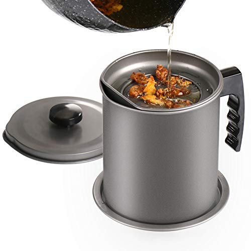 Cambom Bacon Grease Container with Fine Mesh Strainer, 1.3 L almost 6 Full Cups Iron Cooking Oil Can with Removable a Coaster Tray for Kitchen Fat Storage Grey - color: Gray, size: 1.3L