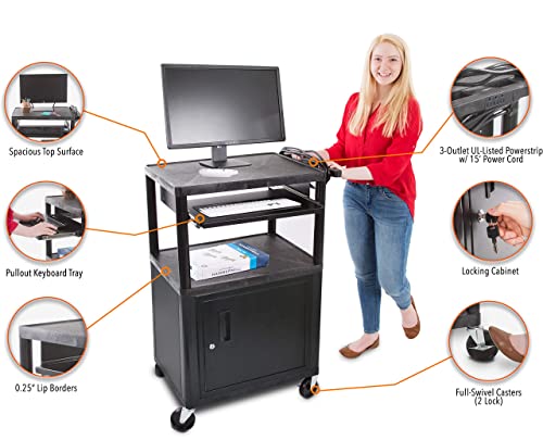 Line Leader Plastic AV Cart with Keyboard Tray and Locking Metal Cabinet, Heavy Duty Mobile Workstation with 4 Rolling Casters, 2 Locking Brakes, Heavy Duty, Holds up to 75 lbs (42 Inch w Cabinet) - color: Large 2 Shelves W/ Cabinet & Keyboard Tray