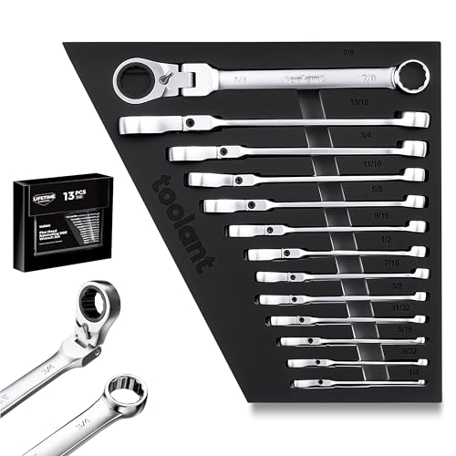 toolant 13pcs Ratcheting Wrench Set, Reversible Flex Head & Offset Head Double Box-End Ratcheting Wrench Set, 1/4"-7/8" SAE Set, 90-Teeth and 4° Swing, with Storage Tray - size: 13PCS 1/4-7/8"