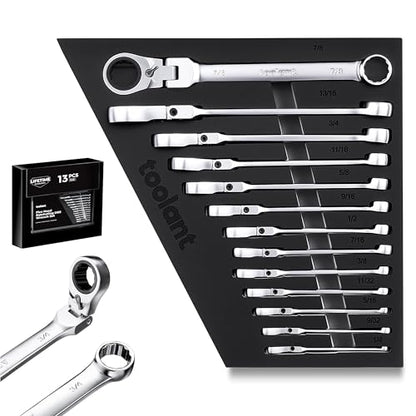 toolant 13pcs Ratcheting Wrench Set, Reversible Flex Head & Offset Head Double Box-End Ratcheting Wrench Set, 1/4"-7/8" SAE Set, 90-Teeth and 4° Swing, with Storage Tray - size: 13PCS 1/4-7/8"