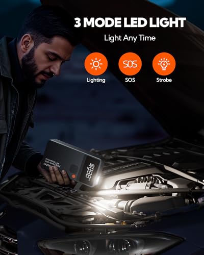 Car Battery Jump Starter with Air Compressor,44.4Wh Battery Jump Box with Tire Inflator,Jump Booster with Smart Jumper Cables,LED Light Emergency Car Kits for Vehicles,Arrancador Ae Batería - style: JC8 With Air Compressor 12000mAh