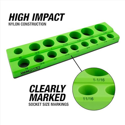 OEMTOOLS 22485 3-Pc Magnetic Socket Organizer, SAE Magnetic Socket Holder, Socket Holders for 68 Deep and Shallow Sockets, Socket Holders 1/4, 3/8, 1/2 Inch Sizes - style: 3Pc Green