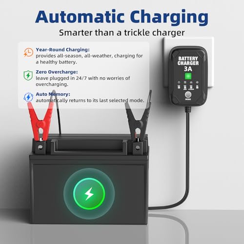 3A 6V/12V Car Battery Charger – Smart Trickle Charger, Battery Maintainer & Desulfator with Overcharge Protection & Temperature Compensation – for Lead Acid, AGM, Gel, Lithium Batteries - size: 3A