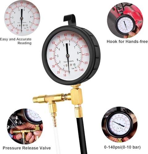 Fuel Injection Pressure Tester Kit 0-140 PSI, Universal Fuel Pump Pressure Gauge Set with Quick Release Valve, Reinforced Hoses & Multi-Size Adapters for Gasoline Engine Diagnostic ((TU-443Blue))