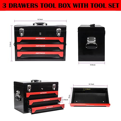 339 Piece Kits Tool Set Heavy Duty Metal Mechanic Box,Tool Box with Handle 3-Drawer and Top Storage, Drawers Tool Case for Garage, Warehouse, Workshop Maintenance, Repair Shop(Black&Red) - size: 439pcs - Black&Red