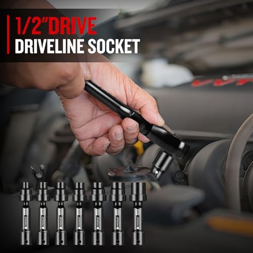 7-Piece 1/2'' Drive Driveline Limited Clearance Socket Set, 12-Point SAE Impact Swivel Socket Set, Cr-Mo Steel with Storage Case for Automotive & Industrial - size: 7 PCS