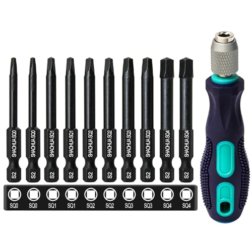 10PCS Square Drive Bits Set, 2.3" Long With 1/4 Inch Magnetic Bit Driver, S2 Steel Allen Wrench Drill Bits, Hex Head Drill Bit Set SQ#0, 1, 2, 3, and #4 - style: D. Square Screwdriver Bits