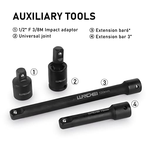 LLNDEI 3/8" Drive Impact Socket Set SAE and Metric (5/16"- 3/4", 8-22mm) 48pcs, CR-V Steel, 6 Point Sockets, Extension Bar (3-in, 6-in), 1/2"F to 3/8"M Reducer Universal Joint - size: 3/8" Socket Set