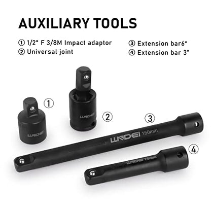 LLNDEI 3/8" Drive Impact Socket Set SAE and Metric (5/16"- 3/4", 8-22mm) 48pcs, CR-V Steel, 6 Point Sockets, Extension Bar (3-in, 6-in), 1/2"F to 3/8"M Reducer Universal Joint - size: 3/8" Socket Set