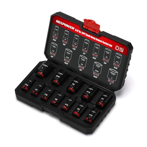 MIXPOWER 12 Pieces 3/8'' Drive Semi-Deep Impact Socket Set,12 Point,SAE,5/16"-1",CR-MO,Axle Nut Impact Grade Socket for Easy Removal - size: 5/16"-1"