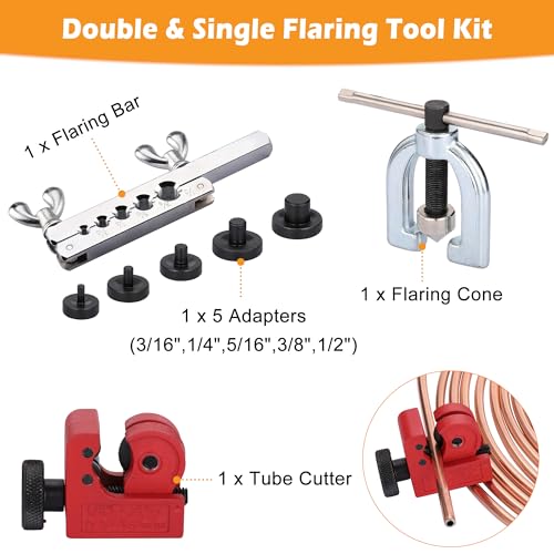 25FT 3/16" & 1/4" Copper Coated Brake Line Flaring Tool Kit Fit Fuel System | with 32 Fittings and 8 Unions Brake Line Fittings, Black Line Double & Single Flaring Tool Kit
