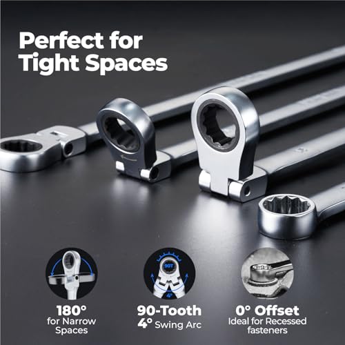 toolant 4PCS Extra Long Ratcheting Wrench Set, Gift for Men, Flex Head & Fixed Offset Head Double Box End Combination Wrench Set, CR-V Steel, Metric 21-24mm, 4PCS with Rolling Pouch - size: 4 PCS (21-24 mm)