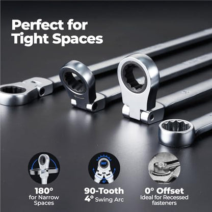 toolant Extra Long Ratcheting Wrench, Flex Head & Fixed Offset Head Double Box End Combination Wrench, CR-V Steel, Metric 23mm - size: 23 mm