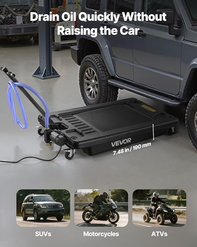 VEVOR Low Profile Oil Drain Pan, 17-Gallon Plastic Oil Change Pan, Effective Oil Drain Cart with 180W Electric Pump, Wheels & Folding Handle, Oil Drain Tank for Cars, SUVs, Trucks, Buses, RVs