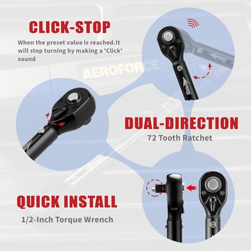 AEROFORCE 1/2-Inch Drive Torque Wrench（15-165 lb.ft / 20.4-224.4 Nm),72 Tooth Dual Direction Reversible Ratchet, Dual Range Scales, Precision Calibrated for Bike, Motorcycle and Car Repair - size: 1/2", style: 15 - 165 lb-ft