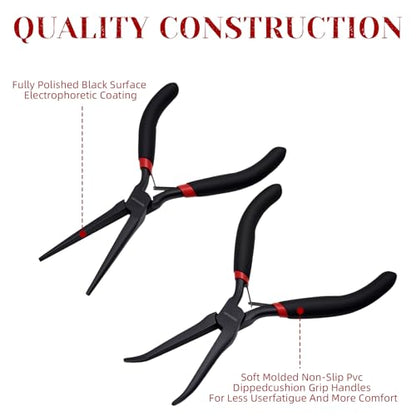 WISEUP 6" Mini Needle Nose Pliers Set，2-Piece Small Long Reach Bent Needle Nose Pliers for Jewelry DIY Craft，Repair & Wire Wrapping