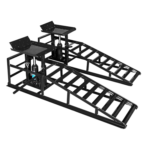 Car Ramps, 2 Pack 11000Lbs 5-ton Hydraulic Truck Ramp Lift, Automotive Low Profile Oil Change Service Ramps with Support Jack for Vehicle Garage Repair, Adjusted Height Range 9.8 to 15 Inches - color: Black