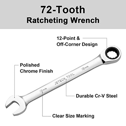 Jetech 19mm Ratchet Wrench, Ratcheting Combination Wrench Metric, Industrial Grade Gear Spanner with 12-Point Design, 72-Tooth Ratchet, Chrome Vanadium Steel for Auto & DIY Repair - size: 19mm
