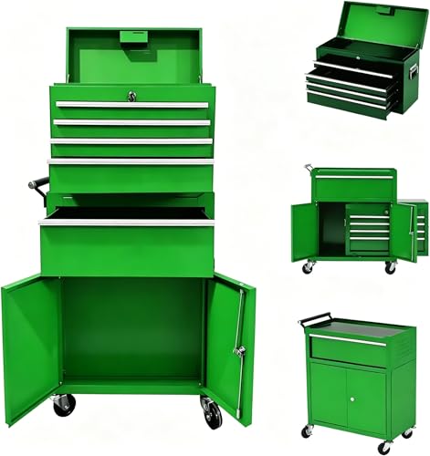 Heavy Duty 5 Drawer Tool Chest, Rolling Tool Box Cabinet on Wheels, 2-in-1 Detachable Metal Tool Storage Organizer for Garage and Workshop, Locking Steel Tool Cart with Portable Top Tool Box, Green - color: Green, size: 20 inch 5 Drawers