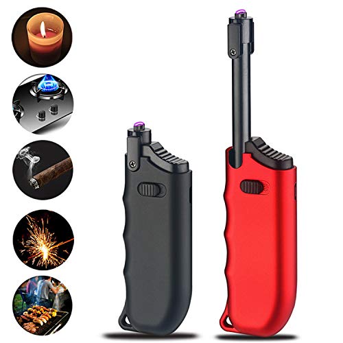 Candle Lighter Electric Arc Rechargeable Lighter with Safety Lock USB Plasma Lighter Perfect Telescopic Rod Neck Fire Starter Lighter for Outdoor Camping Hiking Cooking BBQs - color: Red
