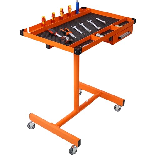 Rolling Tool Table, Heavy Duty Mobile Tool Tray Adjustable Work Table with Drawers, Rubber Corners＆Wheels, Adjustable Tear Down Work Table for Garages, Repair Shops and DIY (Orange) - size: Orange