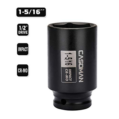 CASOMAN 1/2-Inch Drive 6-Point Deep Impact Socket- 1-5/16'' (SAE), CR-MO, for Axle Shaft Nuts, High-Torque, Corrosion-Resistant - size: 33.34 mm (Deep), style: 6-Point Socket
