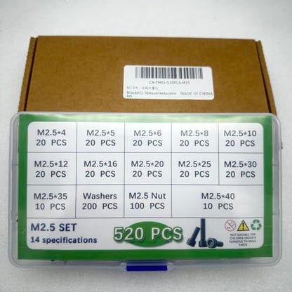 Button Head/Hex Socket/Phillips Flat Head Screws Assortment - Furniture, Auto, Home Repair Fastener Kit (520 PCS M2.5 Hexagon Screws Set - Black) - color: 520 PCS M2.5 Hexagon Screws Set - Black