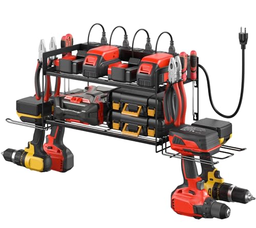 CCCEI Garage Tools Storage with Charging Station. Power Tool Battery Organizer Utility Shelf with Power Strip. 4 Drills Holder Wall Mount Rack, Black. - size: Small, style: 2 Layer