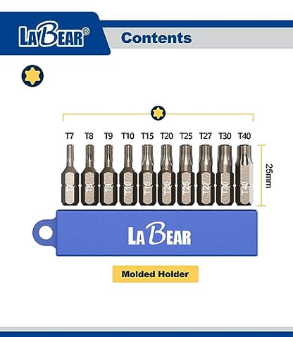 LABEAR 10-Piece Short Torx Bit Set, 1-Inch S2 Steel, 1/4" Shank | T7-T40 sizes, magnetized precision-fit tips, reduce cam-out & stripping, for electronics bike auto appliance repair - size: 1" SAE - 10PC