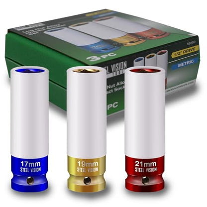 Steel Vision Tools 1/2" Drive Lug Nut Impact Socket Set, 3PC Metric (17mm, 19mm, 21mm)，Cr-Mo Alloy Wheel Socket Set, Color-Coded Impact Socket Set for Automotive, Tire & Wheel Maintenance - color: 3pc Metric
