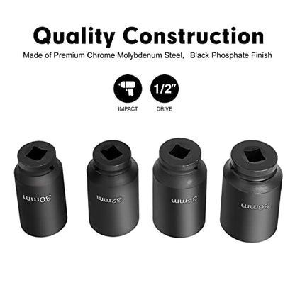TYFYB Impact Socket Set,1/2 inch Drive Spindle Axle Nut Socket Set 4PC 12 Point Metric 30mm 32mm 34mm 36mm,Heavy Duty Impact Socket Set with Portable Case
