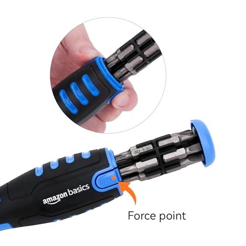 Amazon Basics 12-in-1 Ratcheting Magnetic Screwdriver Set with Bit Storage in Handle, Portable Repair Tool Kit, Security Torx, Phillips, Flat, Hex, Torx, Black, Blue, Silver