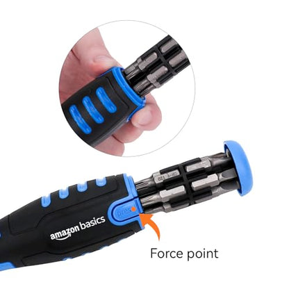 Amazon Basics 12-in-1 Ratcheting Magnetic Screwdriver Set with Bit Storage in Handle, Portable Repair Tool Kit, Security Torx, Phillips, Flat, Hex, Torx, Black, Blue, Silver