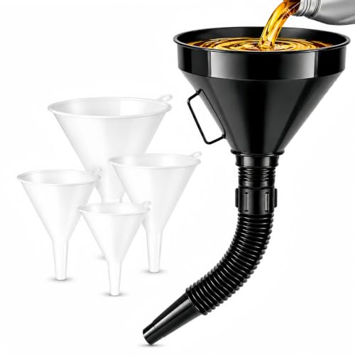 5 Pcs Automotive Oil Funnel Set, Spill-Free Fluid Transfer Kit. | Wide Mouth Fuel Funnel with Extension Hose & 4 Standard Funnels for Gas, Diesel, Motor Oil, Transmission Oil, Cars Trucks.