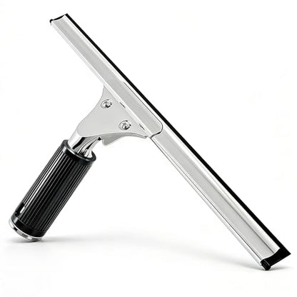 14-Inch Shower Squeegee for Glass Doors, Windows and Mirrors, Stainless Steel Bathroom Water Wiper with Flexible Blade and Ergonomic Handle - color: Black+silver