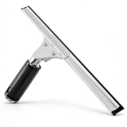 14-Inch Shower Squeegee for Glass Doors, Windows and Mirrors, Stainless Steel Bathroom Water Wiper with Flexible Blade and Ergonomic Handle - color: Black+silver