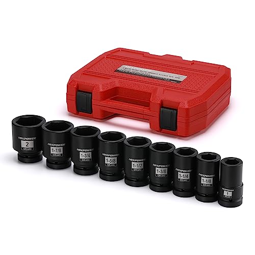 MIXPOWER 9PCS 1"Drive Impact Deep Socket Set, 6 Point, 1" - 2", CR-MO, SAE, Deep, 1" Dr. Deep Spindle Axle Nut Impact Socket Set - size: 25.4mm-50.8mm (9 Pieces)