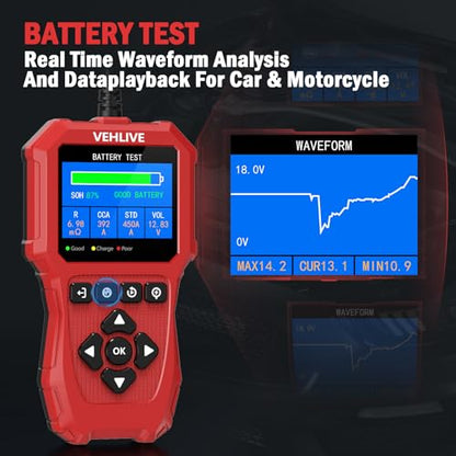 Car Battery Tester 6V 12V with Lithium Battery Testing, VEHLIVE BT910 5-3000CCA Battery Load Tester, Automotive Alternator Tester Charging Cranking System Tester for Car Truck Motorcycle SUV ATV Boat - color: China Red