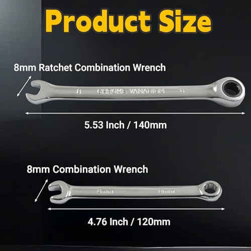 8mm Ratcheting Wrench 2 Pcs 72-Tooth 12-Point Chrome Plated | Forged 45# Carbon Steel Durable, 5-Degree Arc For Tight Spaces, 12-Point Protects Fasteners, Polished Chrome Anti-Rust - size: 8mm