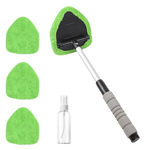 wuyaoyao Car Windshield Cleaning Tool, Car Windshield Window Cleaner, Auto Window Glass Cleaning Kit with Extendable Handle & Reusable Microfiber Pad & Spray Bottle, Universal Car Accessories (Green) - color: Green