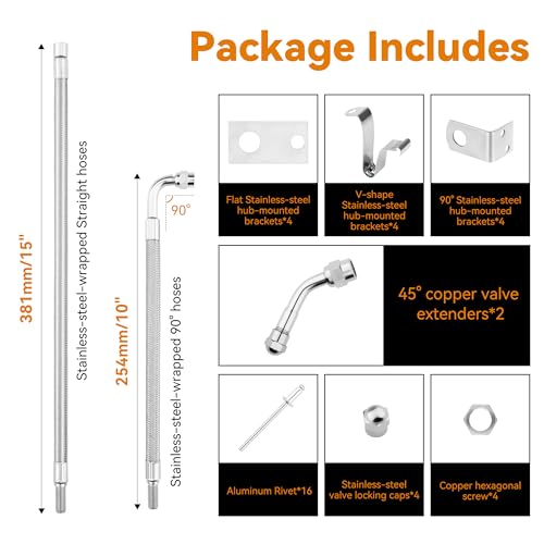 RVZONE Dually Valve Stem Extenders Kit, Stainless Steel Braided Valve Stem Extension fits 16" to 19-1/2" Dual Wheels Tire Valve Extension for Most Cars Motorhome RVs Trailers Trucks