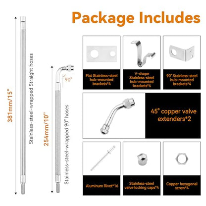 RVZONE Dually Valve Stem Extenders Kit, Stainless Steel Braided Valve Stem Extension fits 16" to 19-1/2" Dual Wheels Tire Valve Extension for Most Cars Motorhome RVs Trailers Trucks