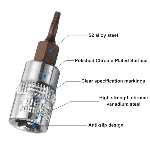 uxcell 3pcs 1/4" Drive x T8 Torx Bit Socket, S2 Steel Bits CR-V Sockets 38mm Length Use with Ratchet Wrench, Slide Bar, Extension Rod - size: T8