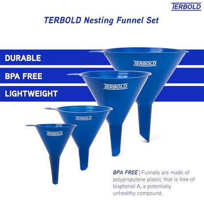 4pc Funnel Nesting Set in BPA Free Plastic for Kitchen Cooking, Car Oil, Home, or Lab Use (Blue)