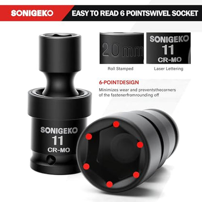 20-Pcs 3/8" Drive Impact Swivel Socket Set,Metric Universal Socket 8mm-22mm | CR-Mo,6-Point, Comes with Extension Bars, Universal Joint, 1/2" to 3/8" & 1/4" to 3/8" Reducer Adapters - size: 20 PCS, 3/8" Socket set, Swivel