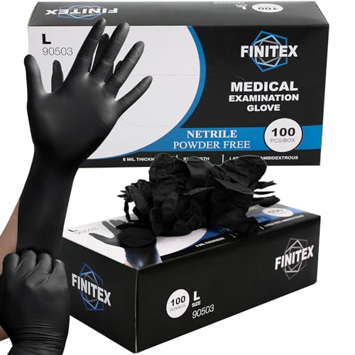 FINITEX Black Nitrile Disposable Medical Exam Gloves - 100/1000 PCS 6.3mil Powder-Free Latex-Free Food Gloves - color: Black (Large 100)