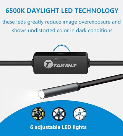 5.5 mm Borescope Inspection Snake Camera Waterproof,USB C Endoscope for Phone, Computer, 16.4 Ft Semi-Rigid Cord with 6 LED Lights, Compatible with Windows