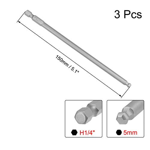 uxcell 3 Pcs H5 (5mm) Ball End Screwdriver Bits, S2 Steel Magnetic 5.1 Inch Long Drill Bit with 1/4 Inch Hex Shank - size: H5